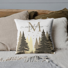 Forest Pine Trees Script Name Monogram Kissen