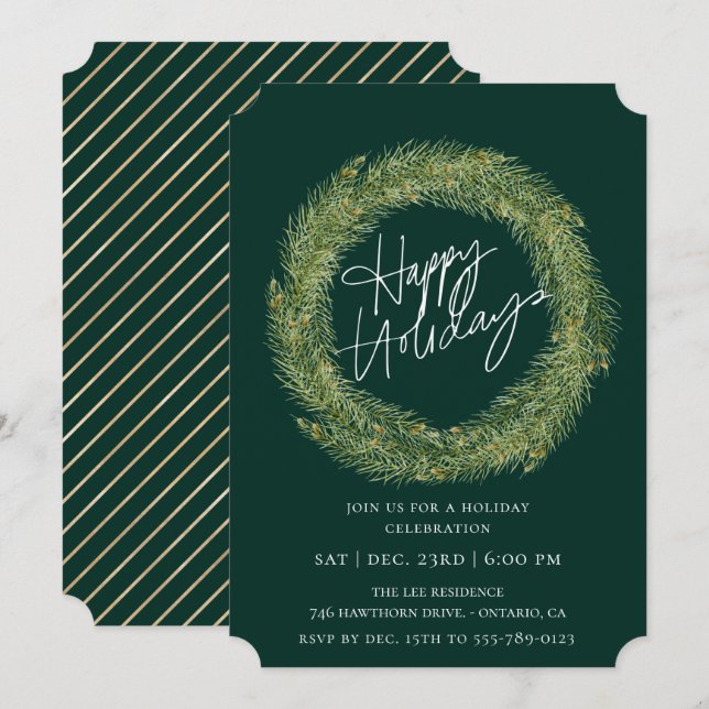 Forest Pine Wreath Emerald Holiday Party Einladung (Vorne/Hinten)