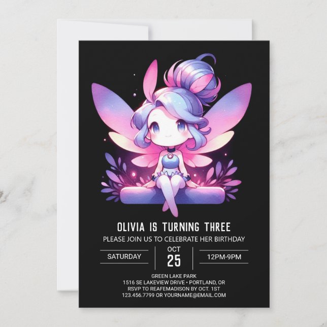 Forest Printable Fairy Birthday Einladung (Vorderseite)