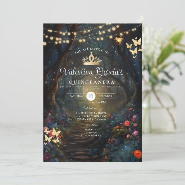 Forest Quinceañera 15 Anos Blume Gold Einladung (Stehend Vorderseite)
