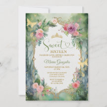 Forest Sage Green Pink Floral Sweet Sixteen Party
