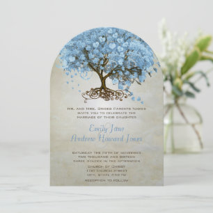 Forest Serenity Blue Heart Leaf Tree Wedding Einladung