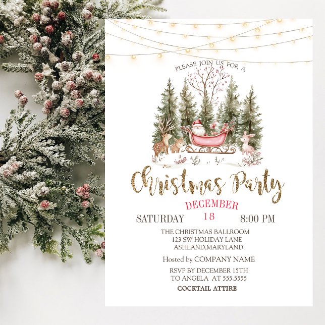 Forest, Sleigh, Lights Gold Christmas Company Einladung (Von Creator hochgeladen)