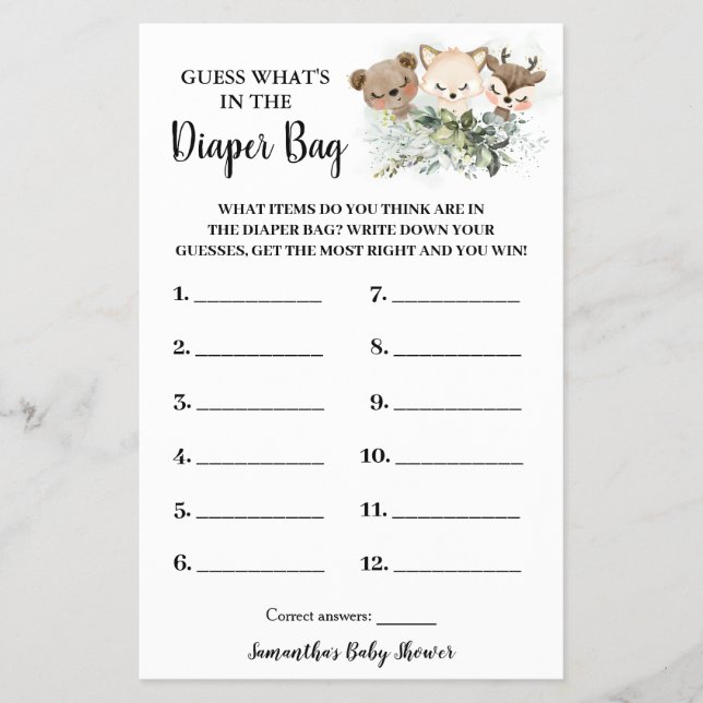 Forest Whats in the Diaper Bag Shower Game Card Flyer (Vorne)