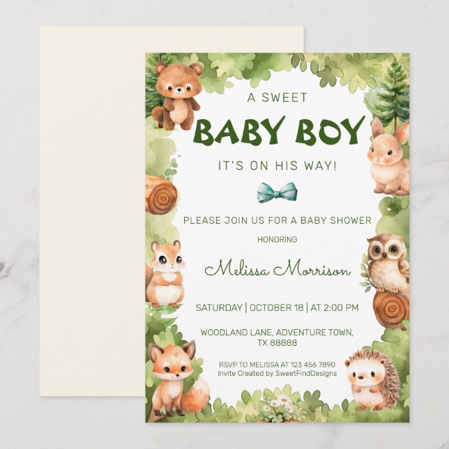 Forest Wild Animals Baby Boy Dusche Einladung (Vorne/Hinten)