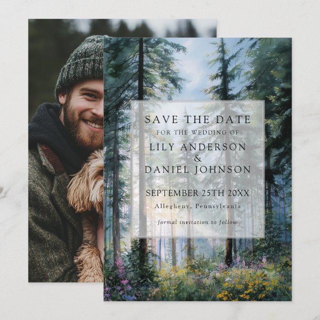 Forest Wildflowers Floral Rustic Photo Wedding Save The Date (Vorne/Hinten)