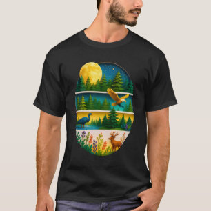 Forest Wildlife Retro Style Moon Deer Eagle Nature T-Shirt