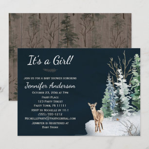 Forest Winter Woodland Deer Girl Baby Dusche Einladung
