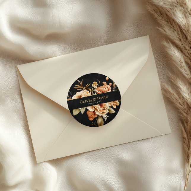 Forest Witch Black Floral Wedding Round Sticker (Forest Witch Black Floral Wedding Round Sticker on an elegant wedding envelope)