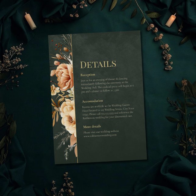Forest Witch Green Floral Wedding Details Card Einladung (Forest Witch Green Floral Wedding Details Card on a dark green witchy wedding table with botanicals)