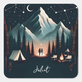 Forest Wood Sky Tree Fire Camping Brautparty Quadratischer Aufkleber
