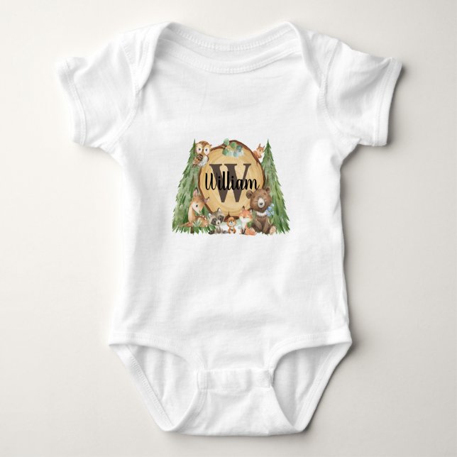 Forest Woodland Animal Monogram Baby Boy Baby Strampler (Vorderseite)