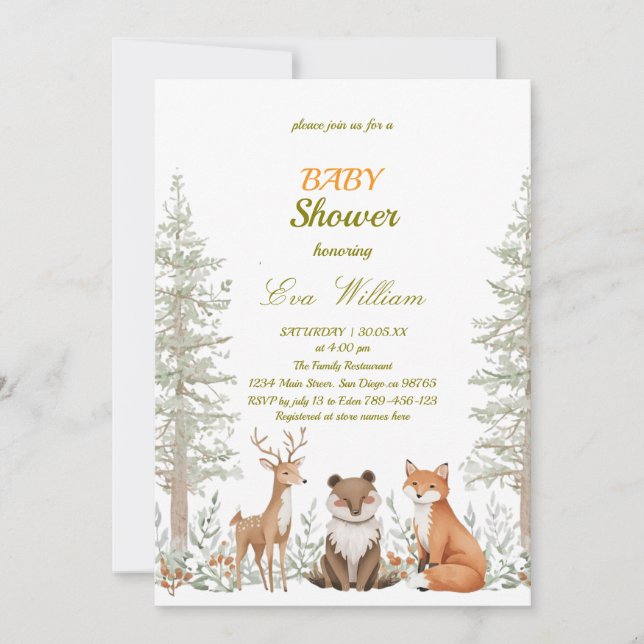 Forest Woodland Animals Baby Shower Invitation (Devant)