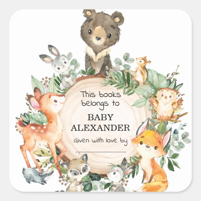 Forest Woodland Animals Boy Baby Dusche Buchzeiche Quadratischer Aufkleber (Vorderseite)
