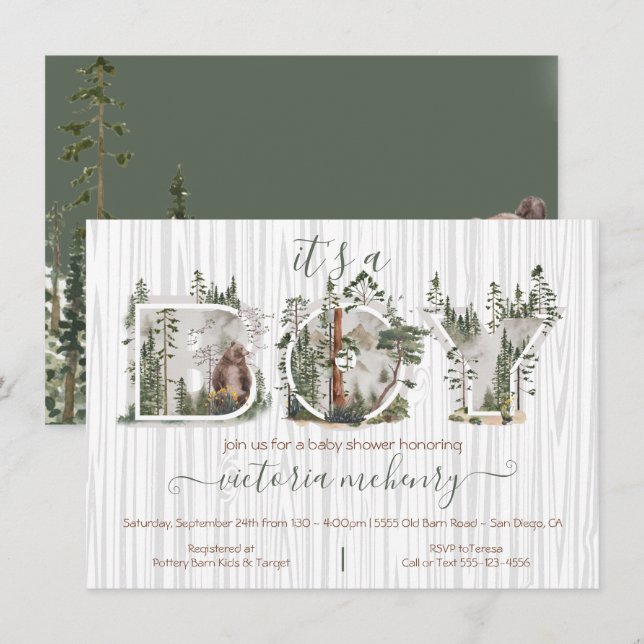 Forest Woodland Aquarellbärendusche Einladung (Vorne/Hinten)