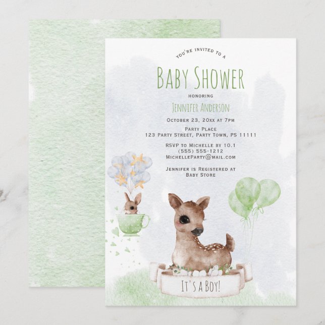 Forest Woodland Baby Dez Wasserfarbe Einladung (Vorne/Hinten)