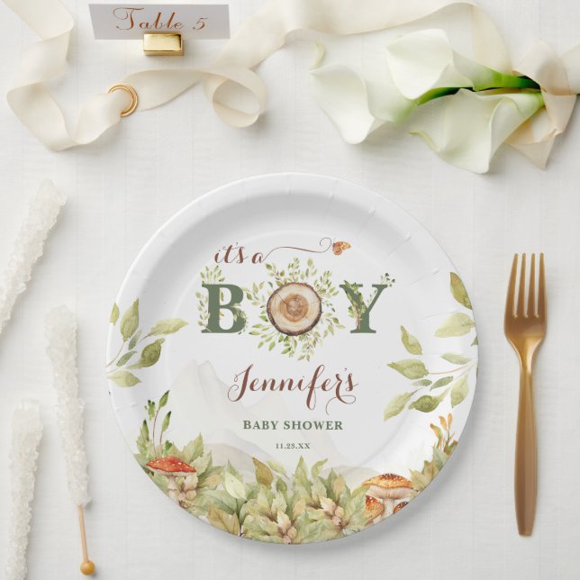 Forest Woodland Babydusche Pilze Grünpflanzen Pappteller (Hochzeit)