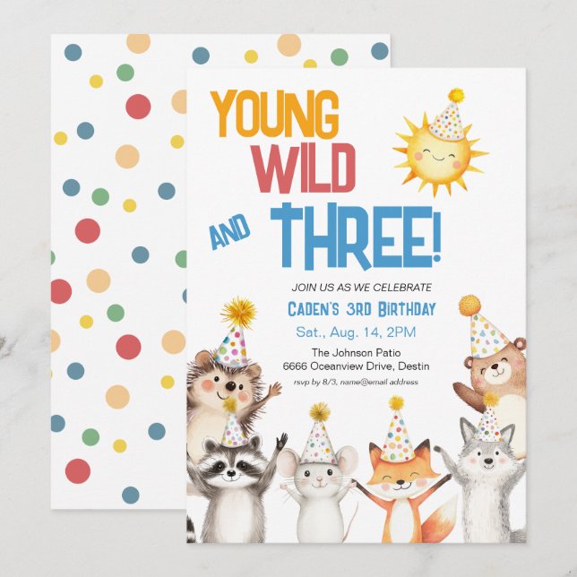 Forest Zoo Animals Party Hats 3rd Birthday Einladung (Vorne/Hinten)