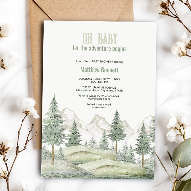 Forêt aventure commence baby shower invitation (Charming sage green watercolor forest baby shower invitation)