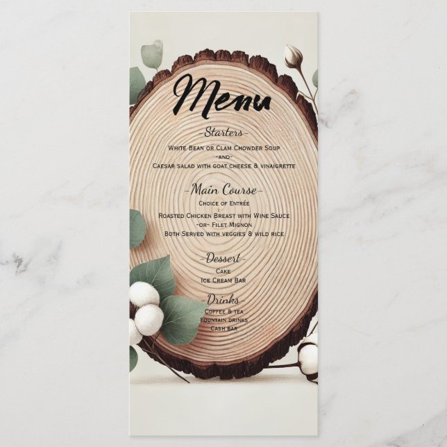 Forêt Bois Eucalyptus Coton Rustique Mariage Menu (Devant)