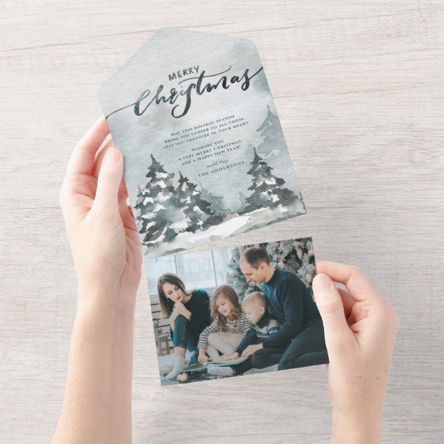 Forêt d'aquarelle | Joyeux Carte photo de Noël (Déchirure)
