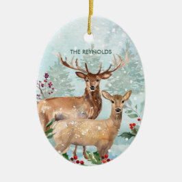 Forêt d'hiver, cerf, bûcher cabine Ornement cérami