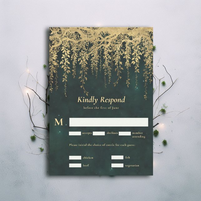 Forêt enchantée Magique Vins d'or Mariage RSVP (Enchanted Forest Magical Gold Vines Wedding RSVP draped foliage emerald green moody dark)