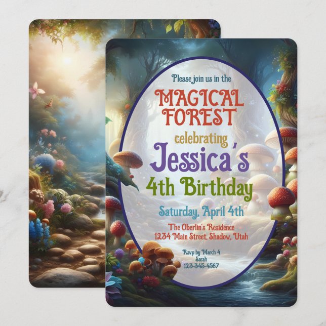 Forêt magique Invitation de fête d'anniversaire (Devant / Derrière)