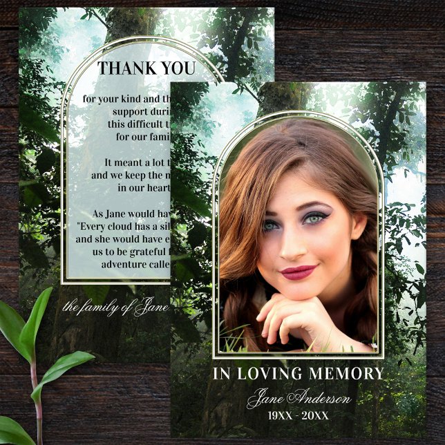 Forêt Nature Photo Sympathy Merci Cartes (Funeral or memorial Thank You card featuring your custom photo framed by an image of a forest)
