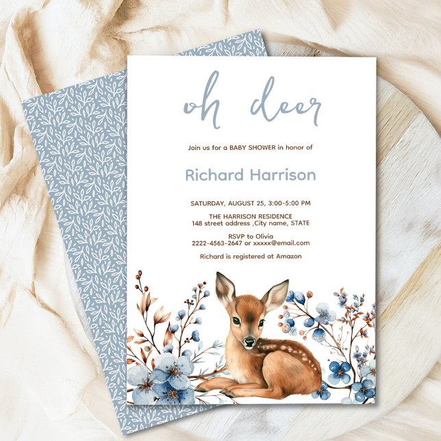 Forêt rustique Oh cerf mignon invitation baby show (Oh deer rustic blue florals with cute forest deer baby shower invitation, gender neutral, woodland )