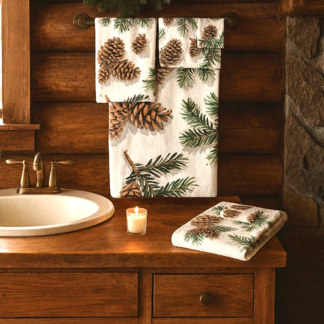 Forêt Verte Rustique (Cozy cabin evergreen and pinecone bathroom towels. Buy set or separates. )