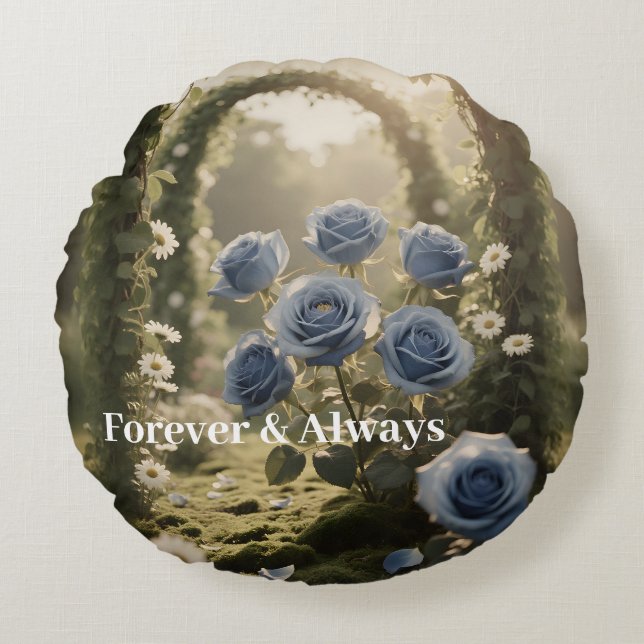 Forever & Always - Romantische blaue Rose Blumenge Rundes Kissen (Vorderseite)