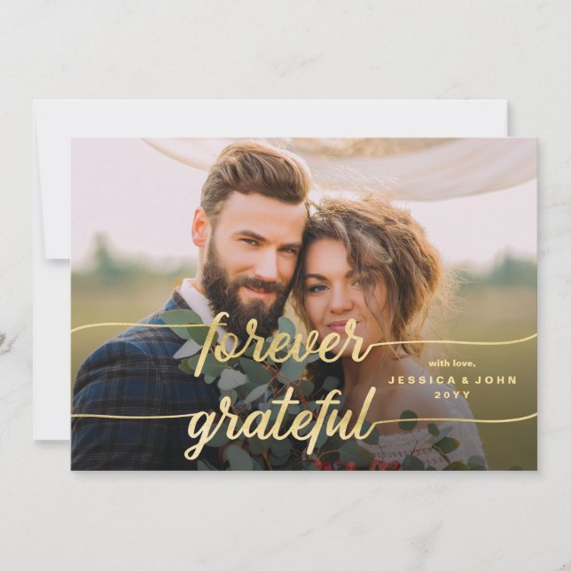 Forever Grateful Gold Calligrafy 2 Foto Hochzeit Dankeskarte (Vorderseite)