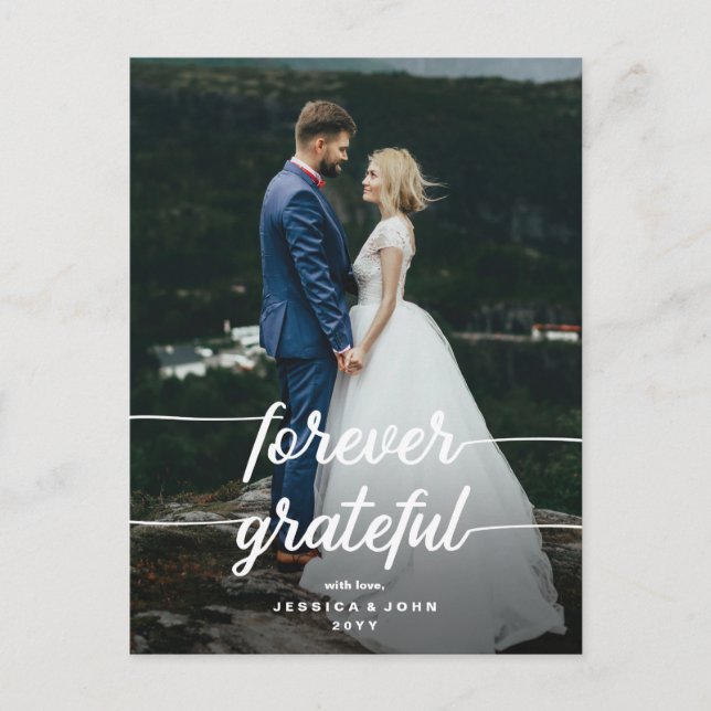 Forever Grateful Script Foto Wedding Vielen Dank Postkarte (Vorderseite)
