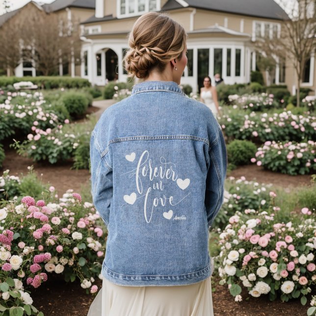 Forever in Love Script Hearts bridal favor Wedding Jeansjacke (Hochzeit Rückseite)