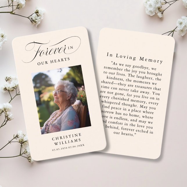 "Forever in our Hearts" Beerdigungsgebet Visitenkarte ("Forever in our Hearts" Funeral Memorial Photo Prayer Card.")