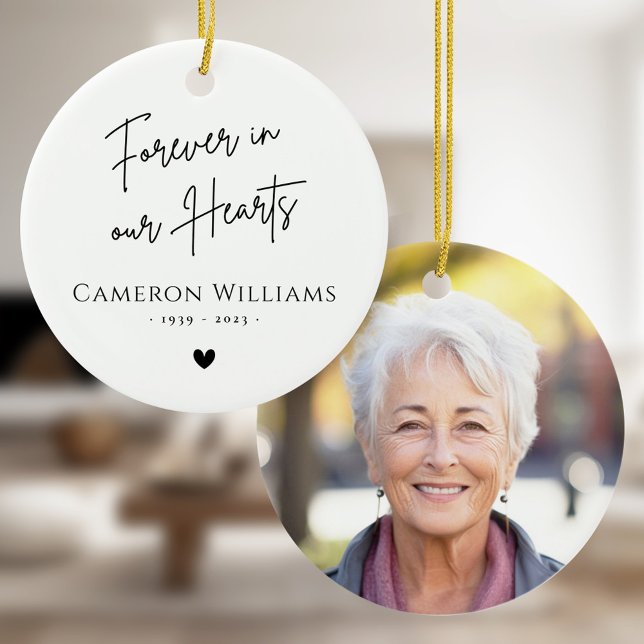 Forever in our hearts memorial photo modern white keramik ornament (Forever in our hearts memorial photo modern white ceramic ornament)
