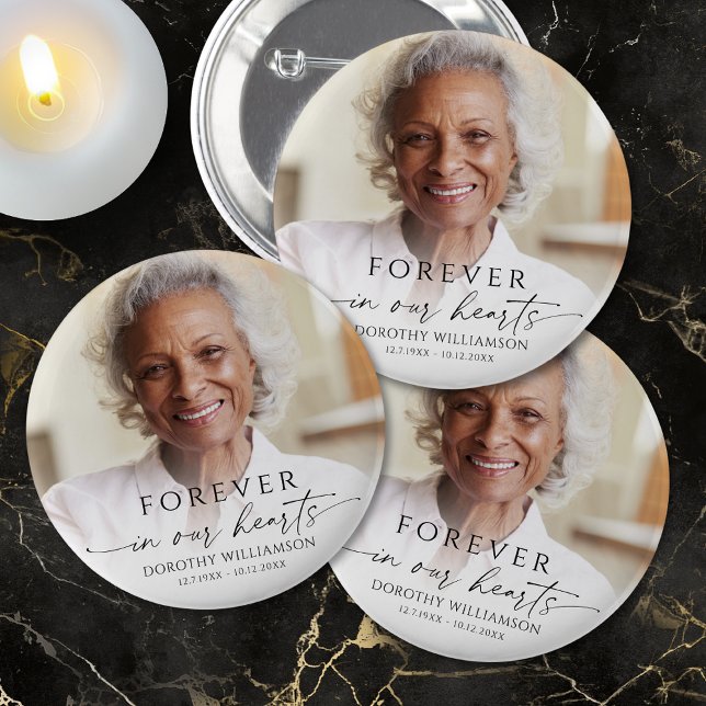 Forever in Our Hearts Memorial Photo Personalized Button (Von Creator hochgeladen)