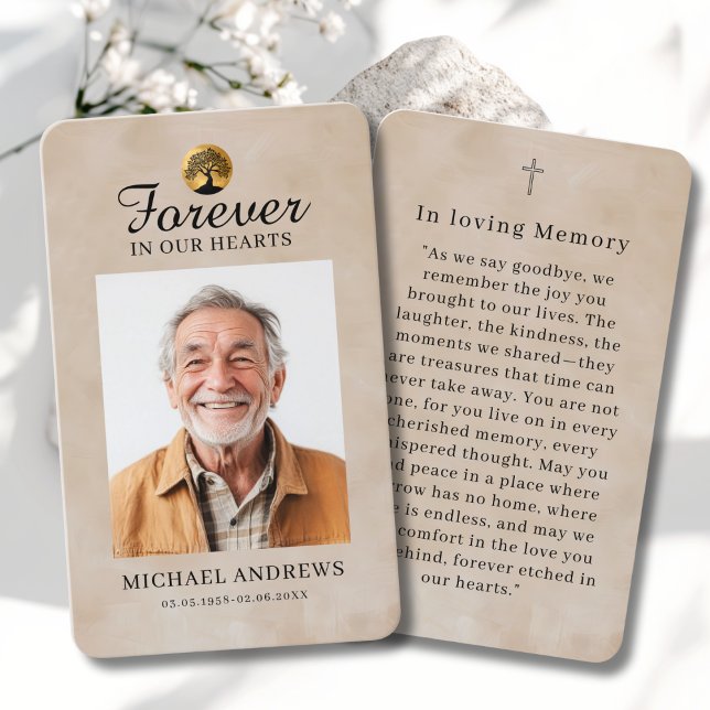 "Forever in our Hearts" Tree of Life Photo Prayer  Visitenkarte ("Forever in our Hearts" Tree of Life Photo Prayer Cross Card)