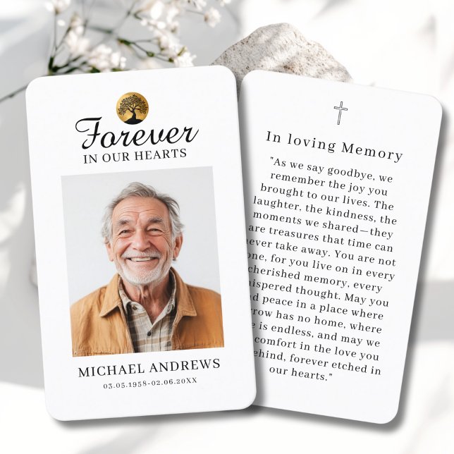 "Forever in our Hearts" Tree of Life Photo Prayer  Visitenkarte ("Forever in our Hearts" Tree of Life Photo Prayer Cross Card)