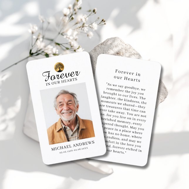 "Forever in our Hearts" Tree of Life Photo Prayer  Visitenkarte ("Forever in our Hearts" Tree of -Life Photo Prayer White Custom Card)