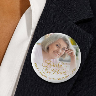 Forever in unserem Hearts Memorial Foto Name Gold Button