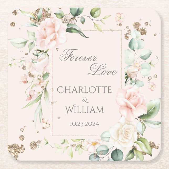 Forever Love Blush Wasserfarben Datum Hochzeit Rechteckiger Pappuntersetzer (Vorderseite)