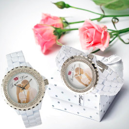 Forever Love Rote Rose Eleganter Weißer Kristall Armbanduhr