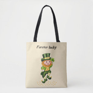 Forever Lucky Green Gnome & Gold Confetti auf Beig Tasche
