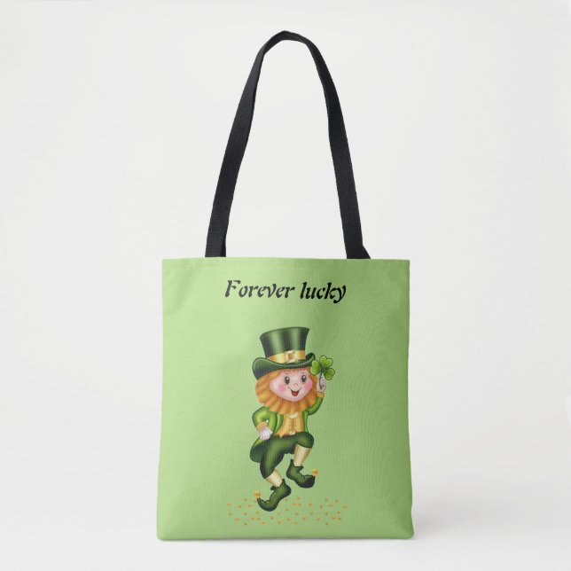 Forever Lucky Green Gnome & Gold Confetti auf Grün Tasche (Vorderseite)