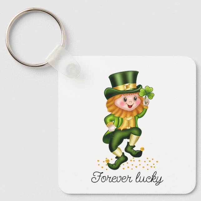 Forever Lucky Green Gnome & Monogram auf White Key Schlüsselanhänger (Vorderseite)