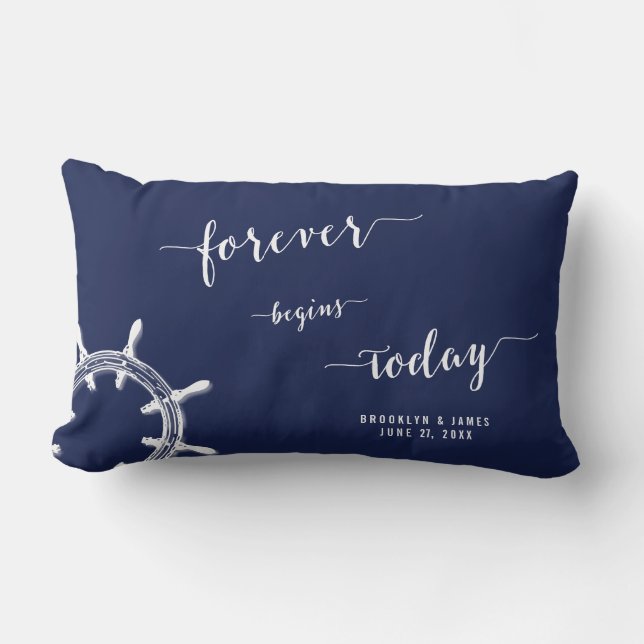 Forever Nautical Navy Blue Lumbar Wedding Pillows Lendenkissen (Vorderseite)