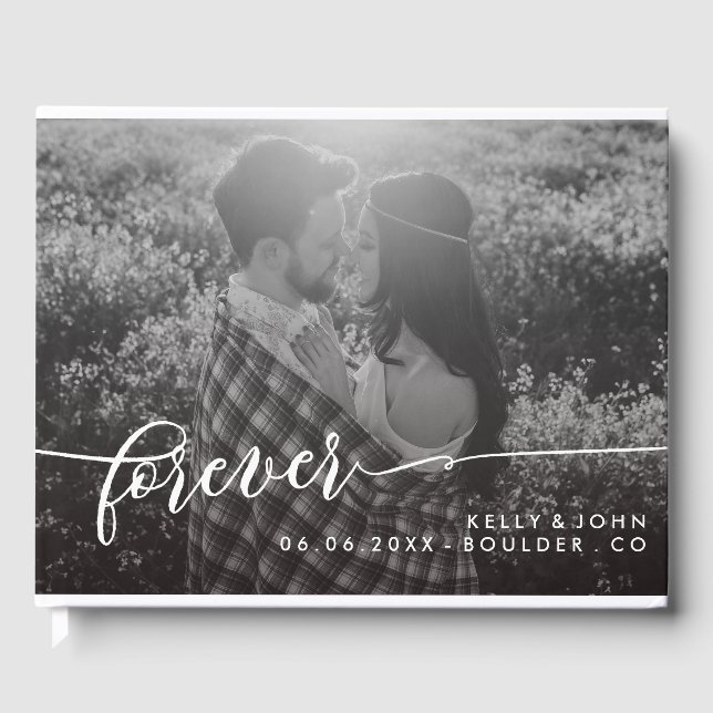 Forever Overlay White Script Foto Hochzeit Gästebuch (Vorderseite)