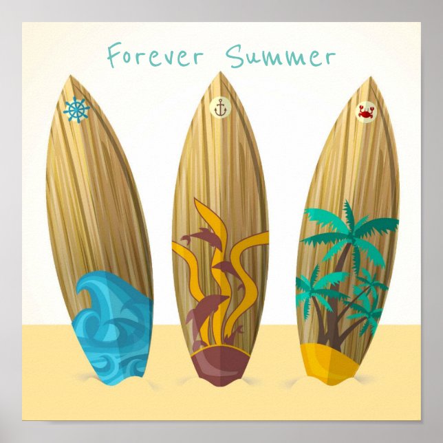 Forever Summer Retro Surfboards Sun Surf Sand Poster (Vorne)